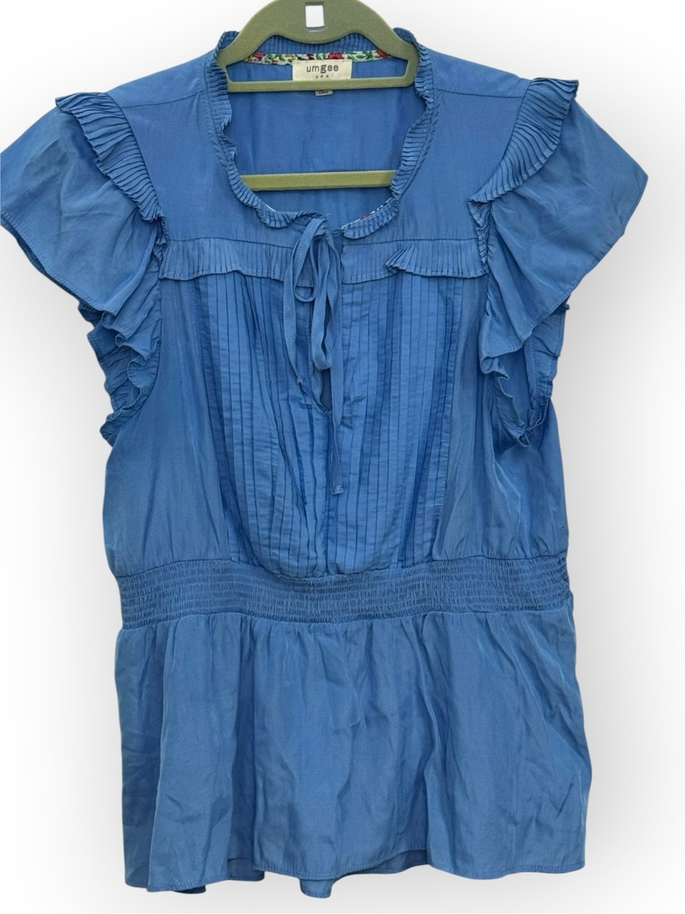 Umgee Blue Ruffled Tie-Neck Peplum Top *211
